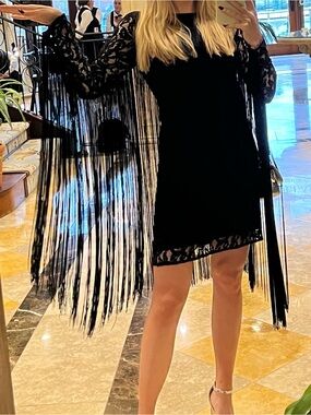 MICHAEL Michael Kors Black Fringe Lace-Sleeve Mini Dress